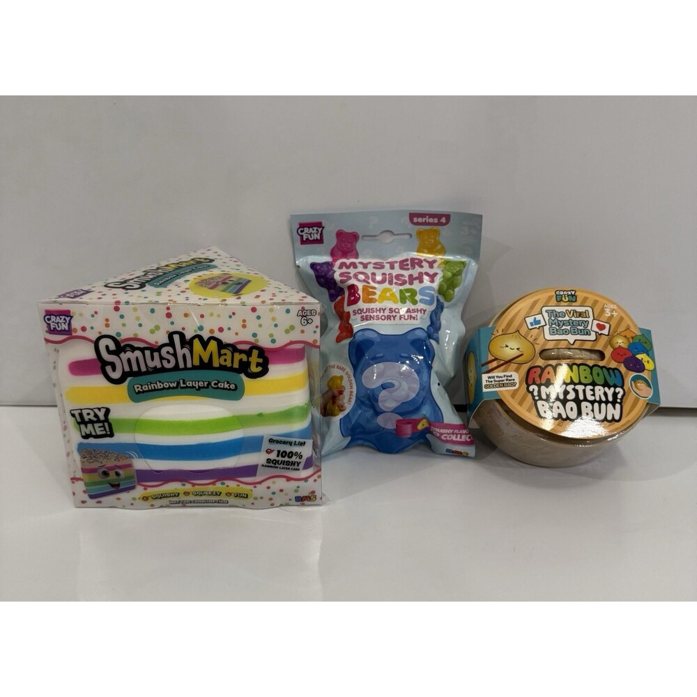 Lot of 3 Squishy Squeezy Toys: Rainbow Layer Cake, Dumpling Bao Bun, Bear NEW